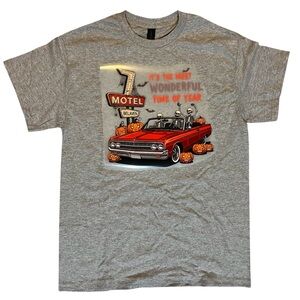 Gray Graphic T-Shirt with Halloween Car Design